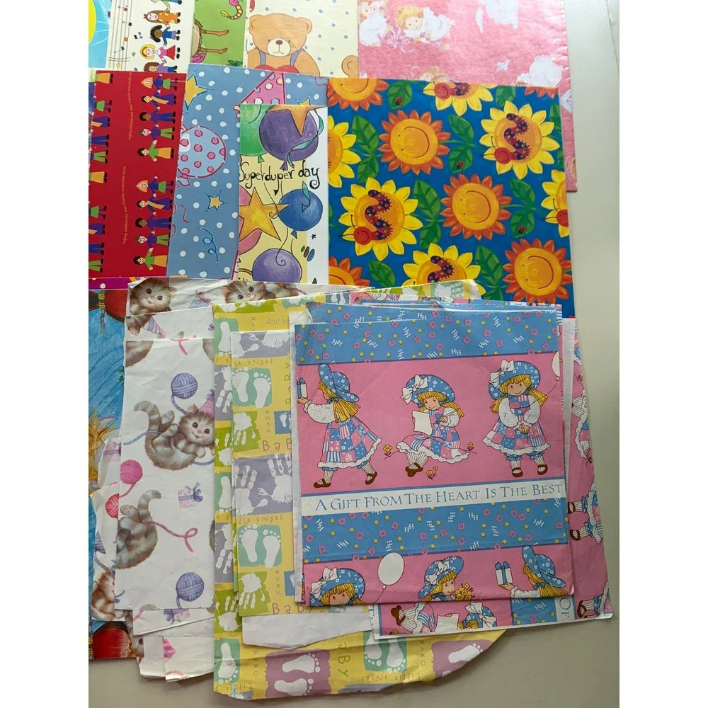Lot Vintage Gift Kids Wrapping Paper Sheets 70s-90s Holly Hobbie Kittens Angels